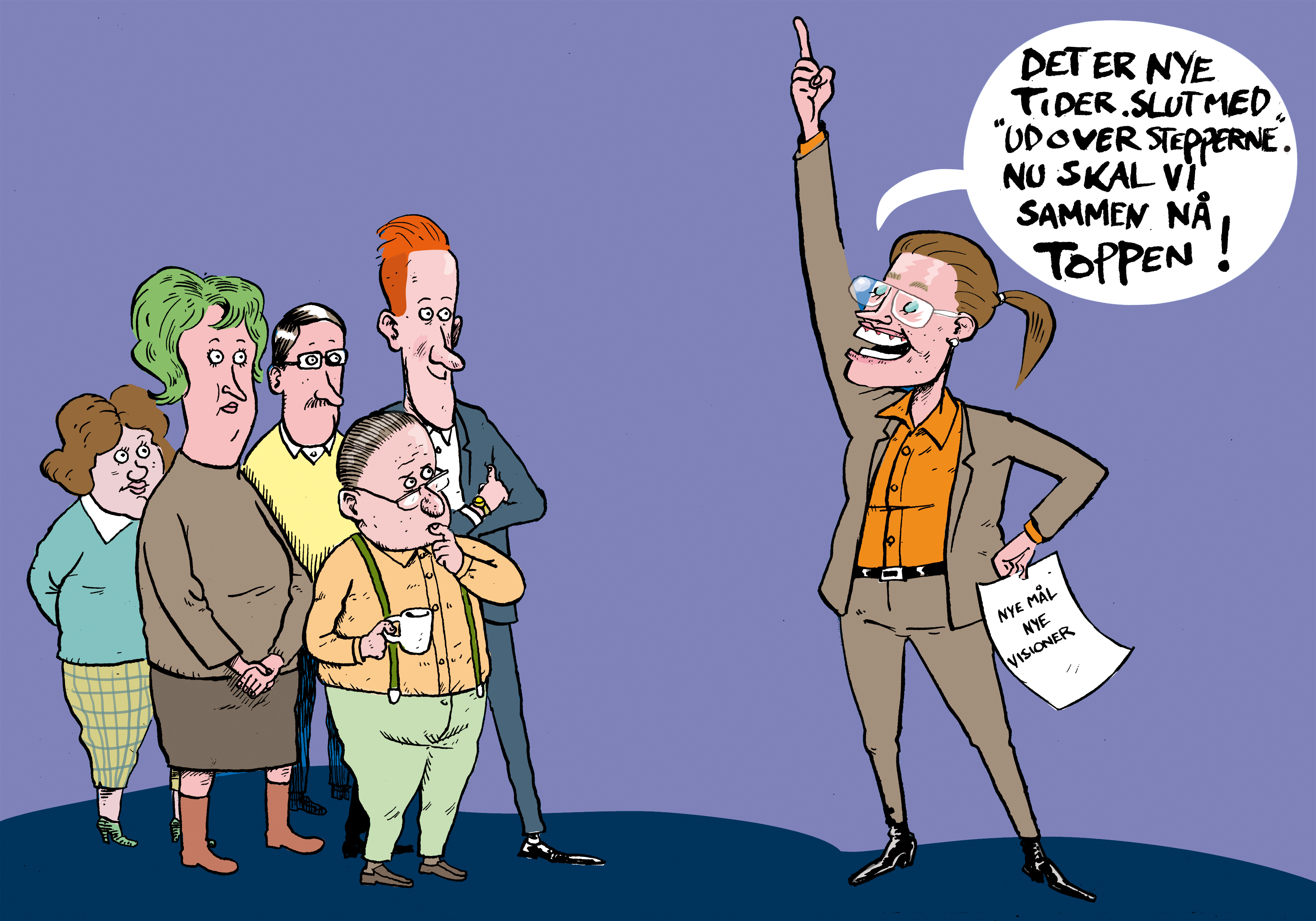 Tegning af medarbejdere, der lytter til chefens tale