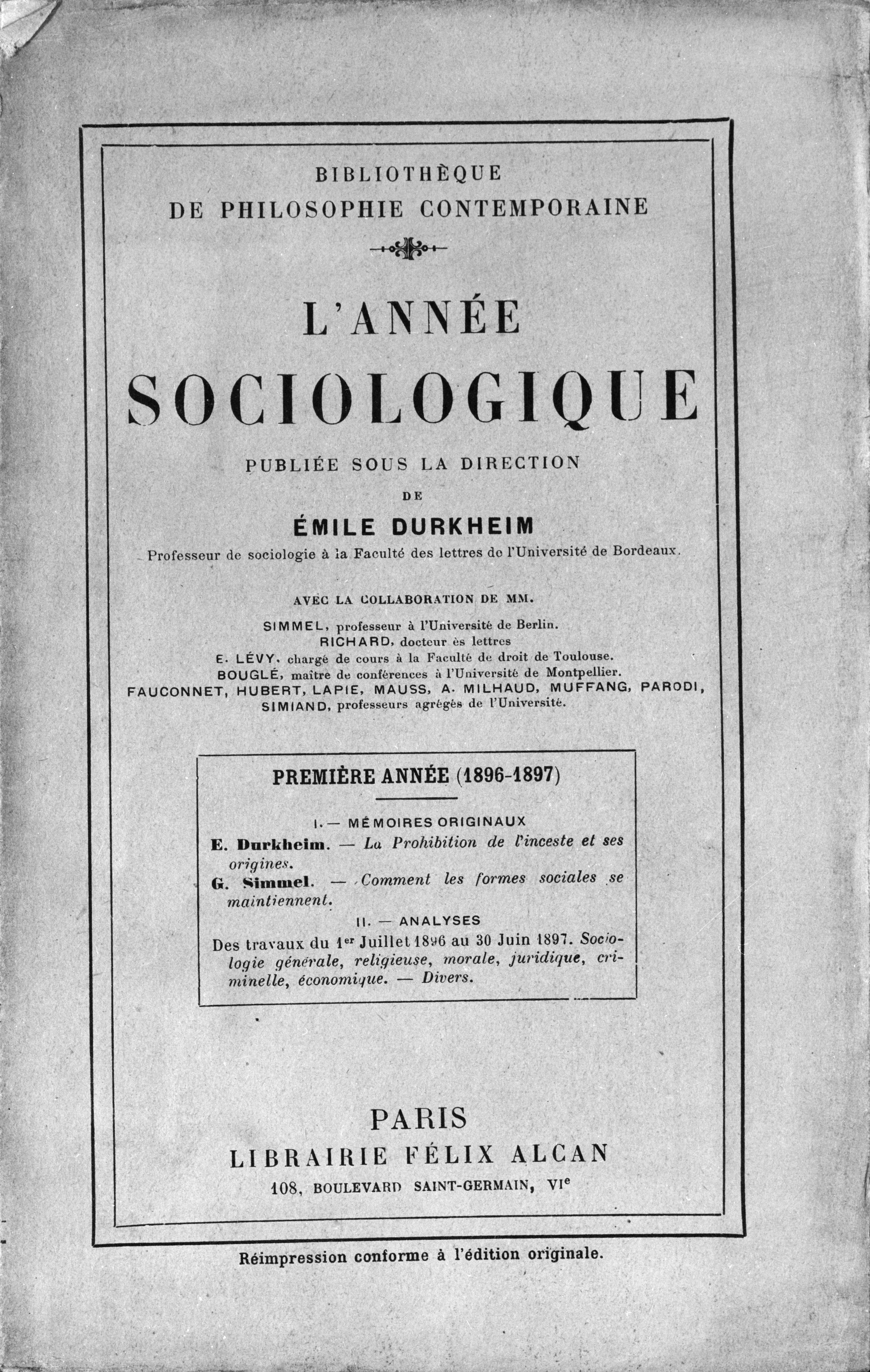 Første udgaven af L’Année Sociologique fra 1896.