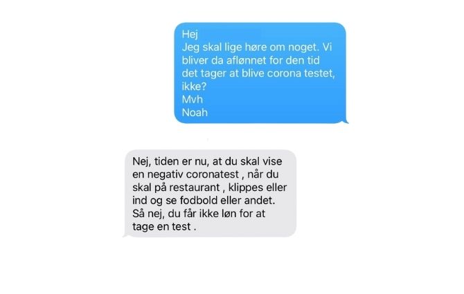 Screenshot fra samtale mellem Noah Köppen Chondros og hans chef i PARKEN 