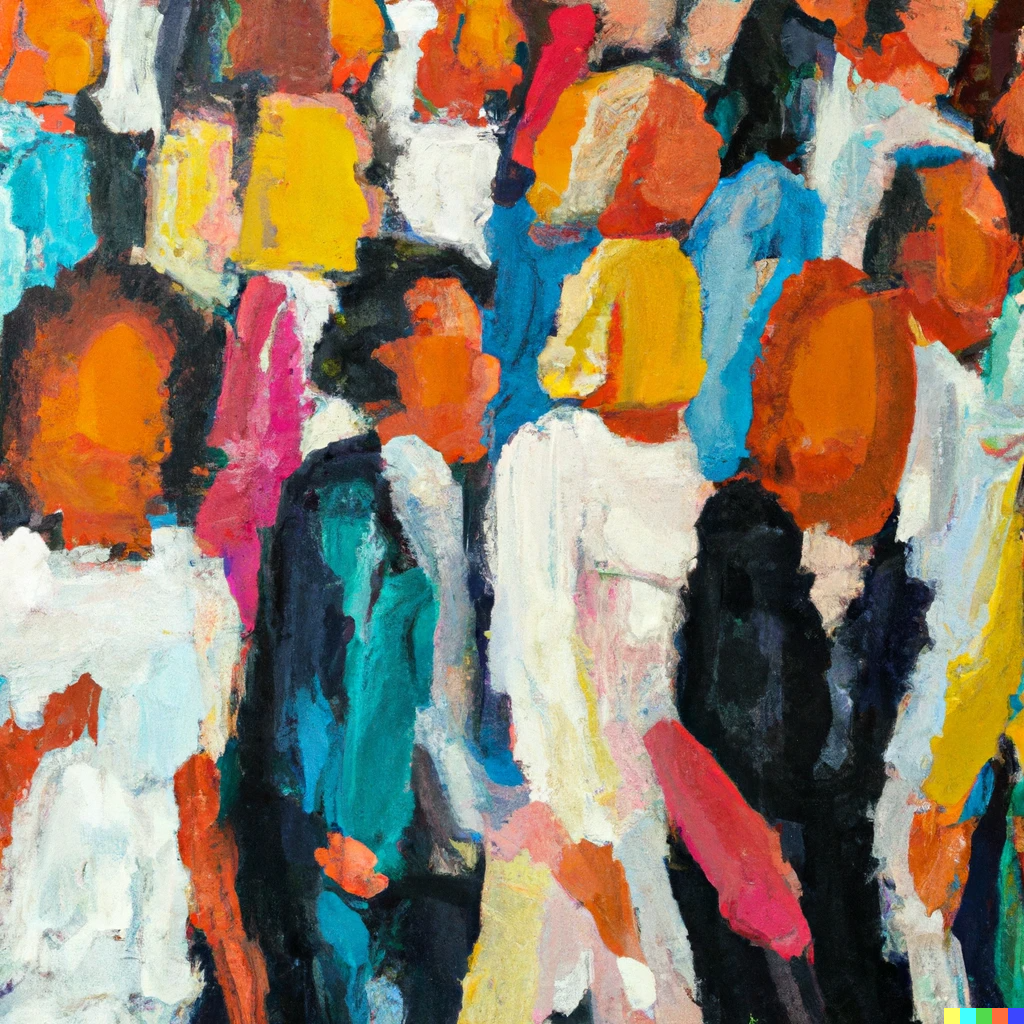  An impressionist oil painting showing a diverse group of people of all colours, types and shapes