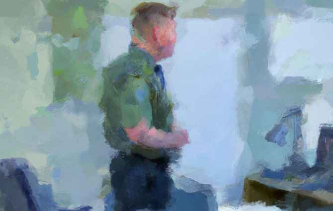 Illustraiton af mand, der kigger ud af vindue