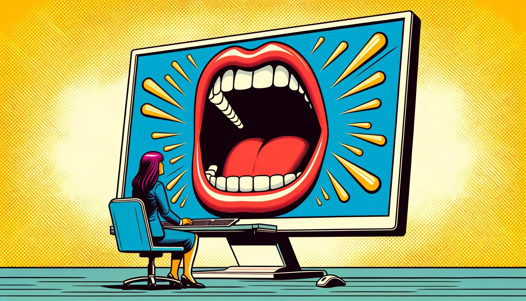 Illustration af en kvinde der sidder foran en skærm der råber af hende