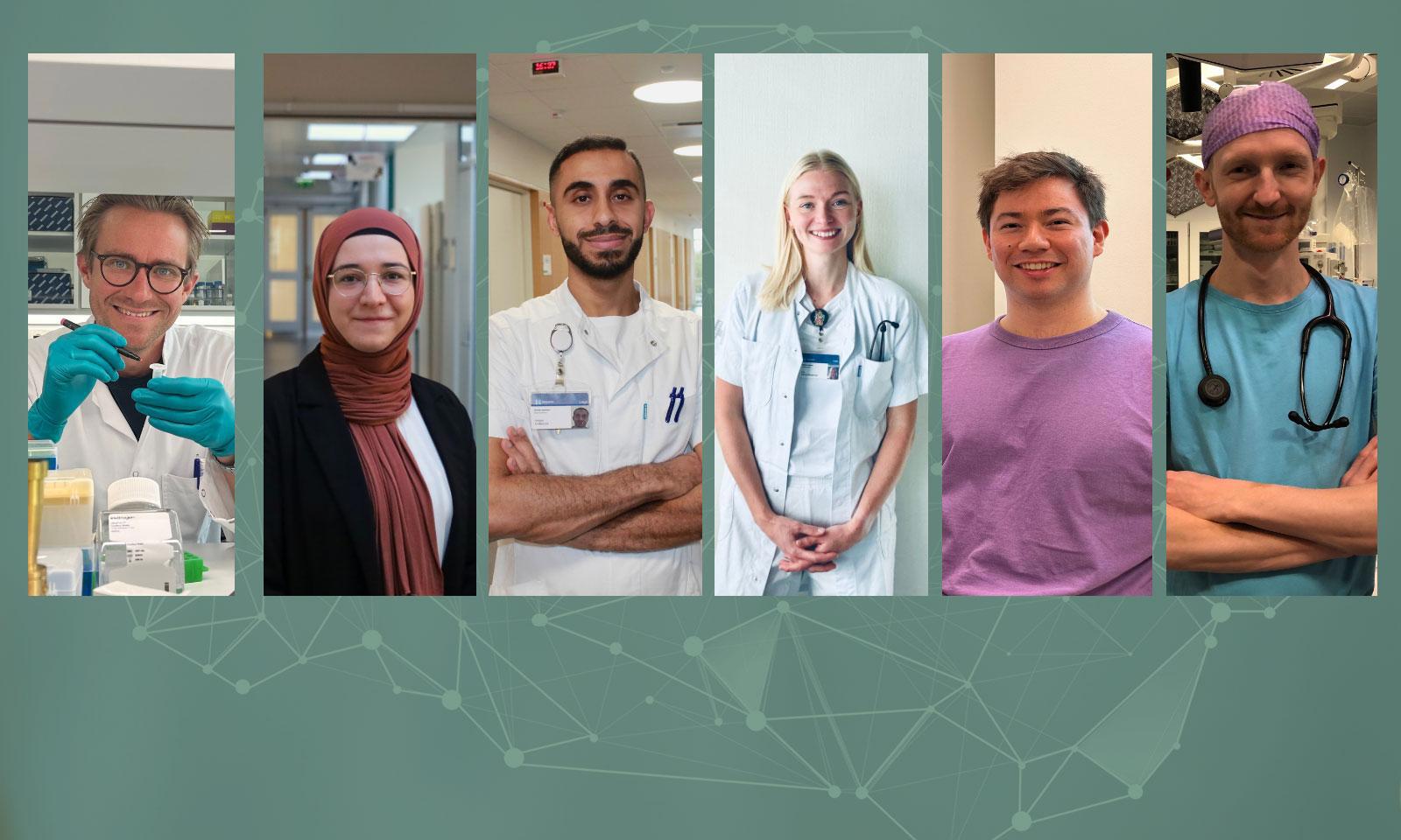 Fra venstre: Lundbeckfondens Young Investigator Prize-modtager Andreas Hougaard Laustsen-Kiel og Lundbeckfondens fem Talent Prize-modtagere Adile Orhan, Haidar M. Al-Khazali, Eva Havers-Borgersen, Drummond McCulloch og Mathias Maagaard Blem.